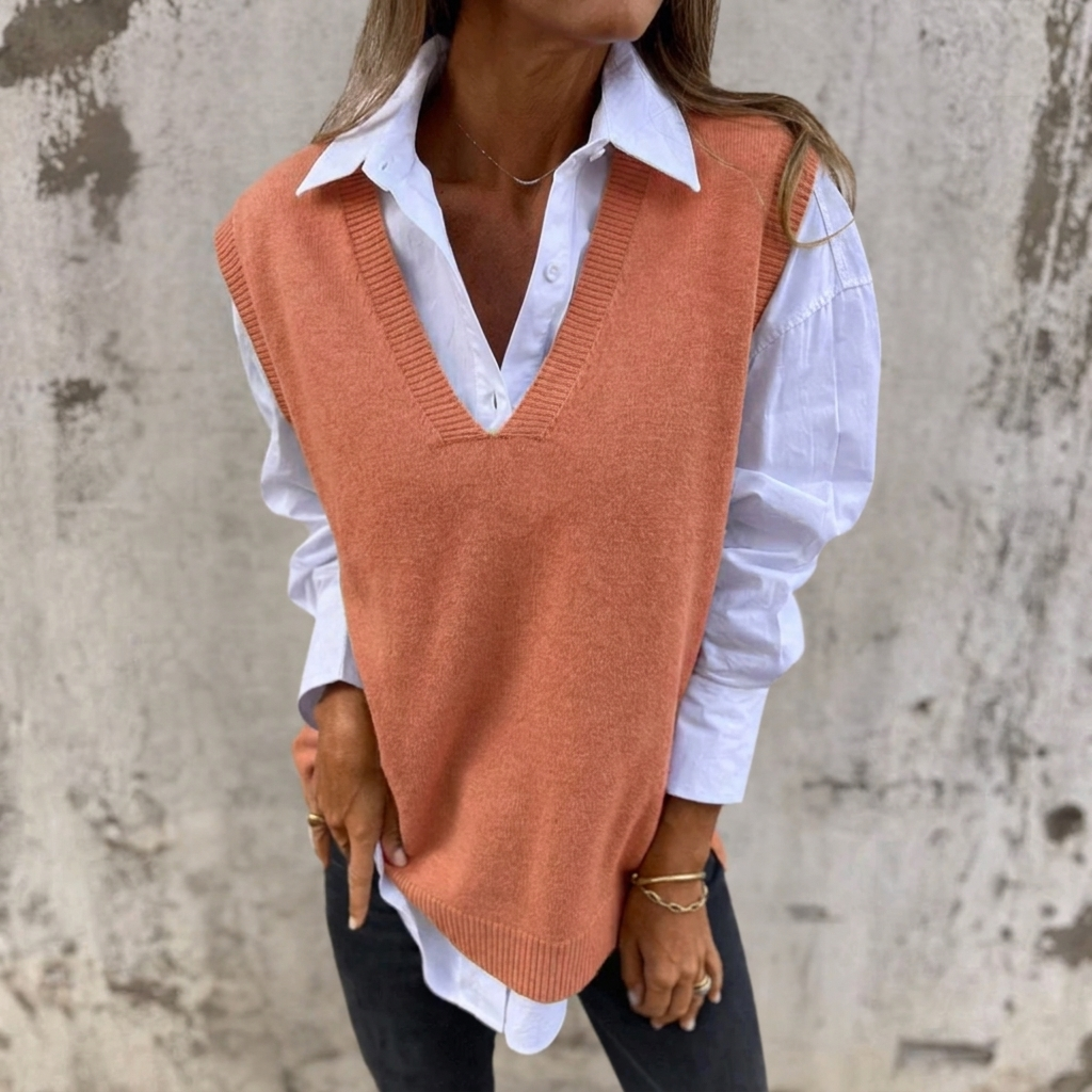 Women's Oversized Knitted Vest – Deep V Neck with Ribbed Trim for Layering 0