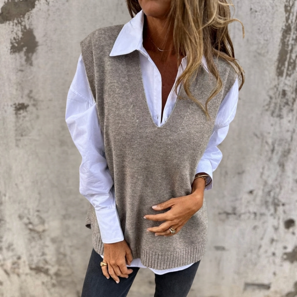 Women's Oversized Knitted Vest – Deep V Neck with Ribbed Trim for Layering 1
