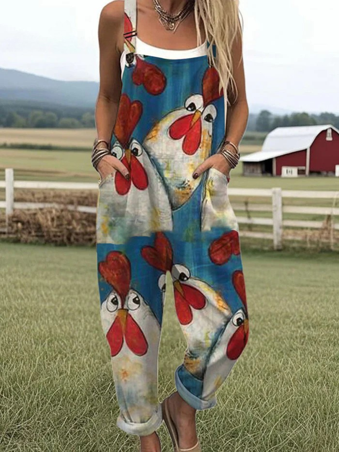 Women's Relaxed Fit Jumpsuit with Adjustable Straps – Playful Chicken Design for Casual Wear 0