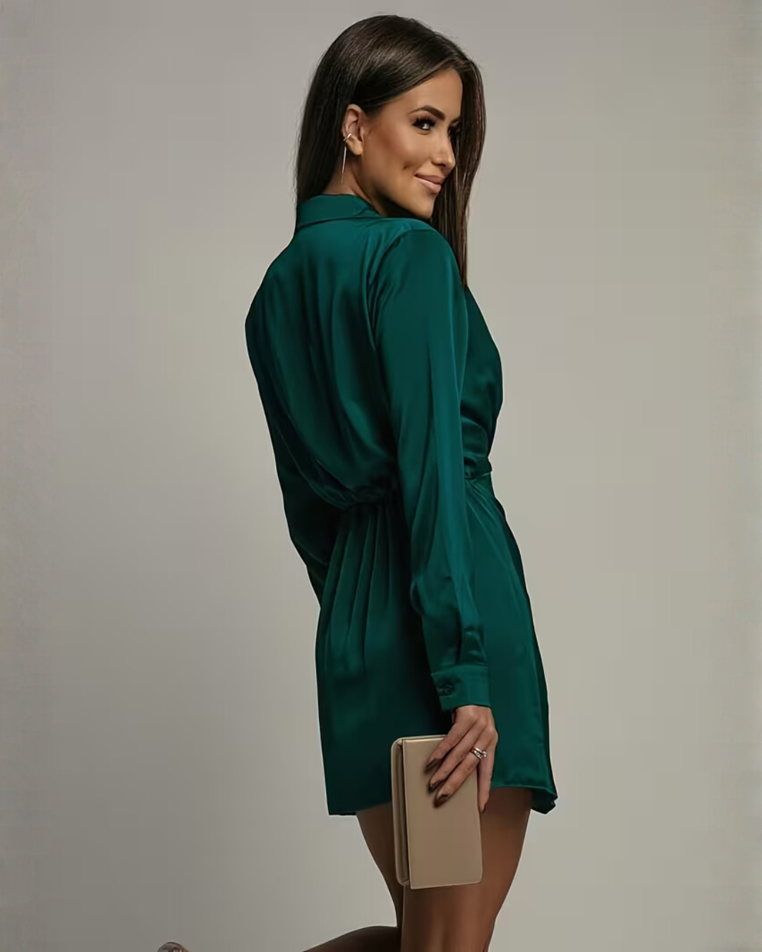 Women's Satin Wrap Mini Dress – Collared V-Neck, Gathered Waist for Office and Evening 7