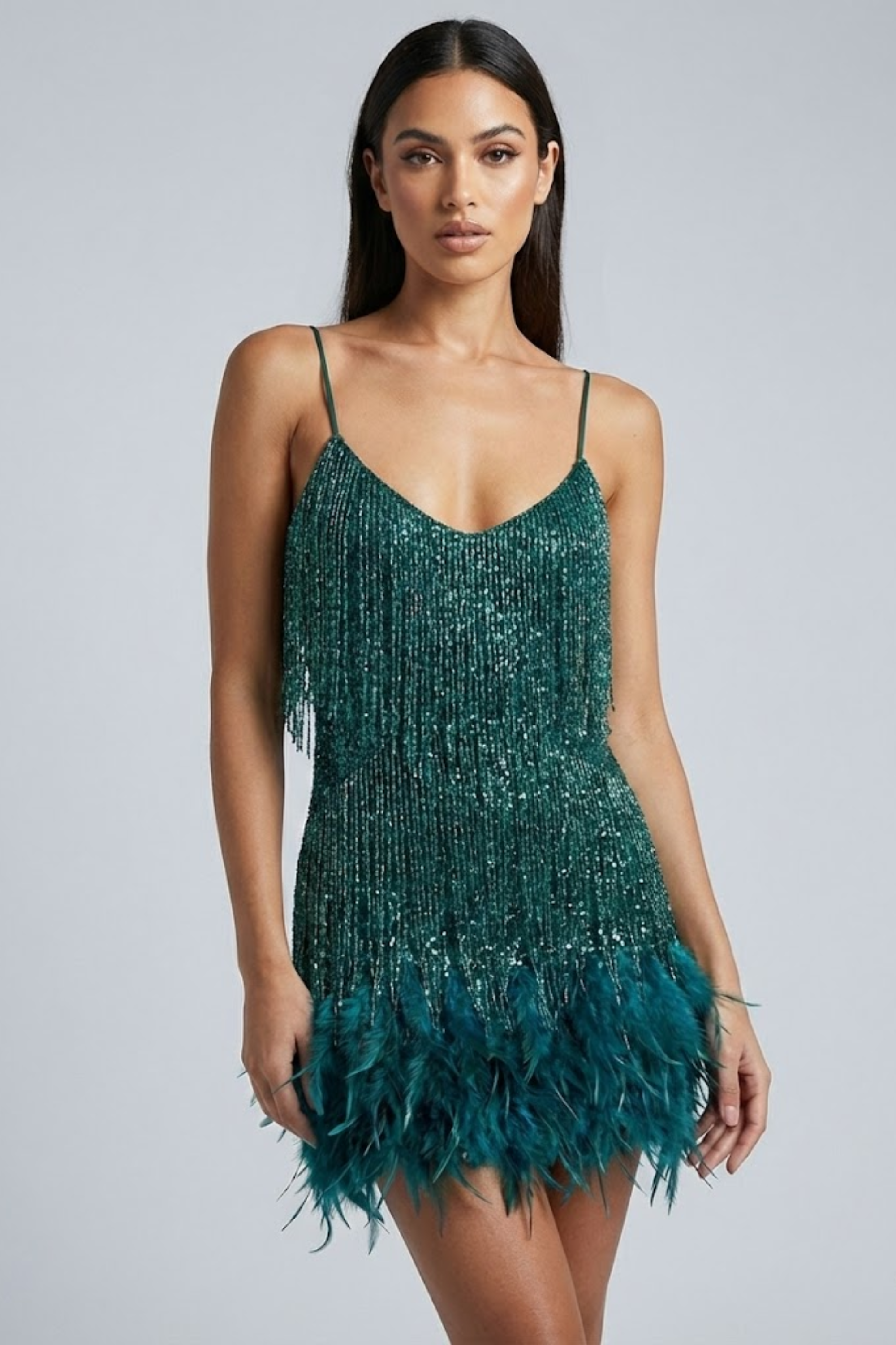 Women's Sequin Cocktail Dress with Feather Trim – Slim Fit Mini Evening Wear for Parties 0