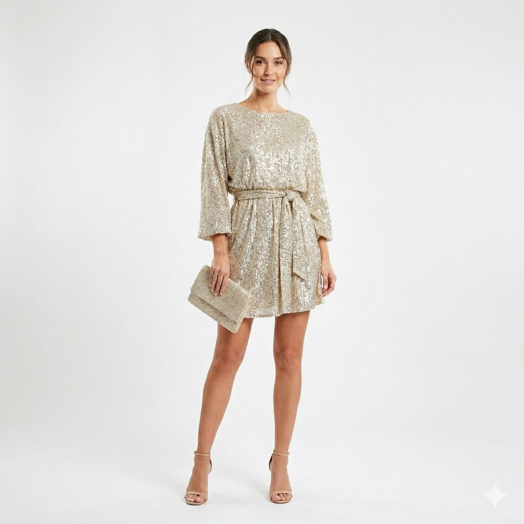 Women's Sequin Mini Dress with Waist Tie – Relaxed Fit Cocktail Dress for Parties 0