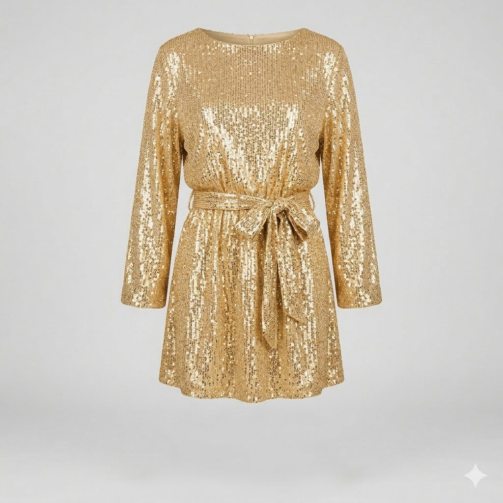 Women's Sequin Mini Dress with Waist Tie – Relaxed Fit Cocktail Dress for Parties 1