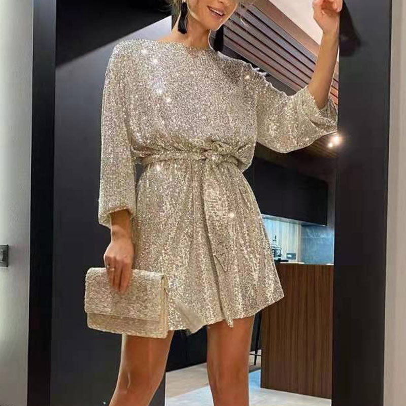 Women's Sequin Mini Dress with Waist Tie – Relaxed Fit Cocktail Dress for Parties 2