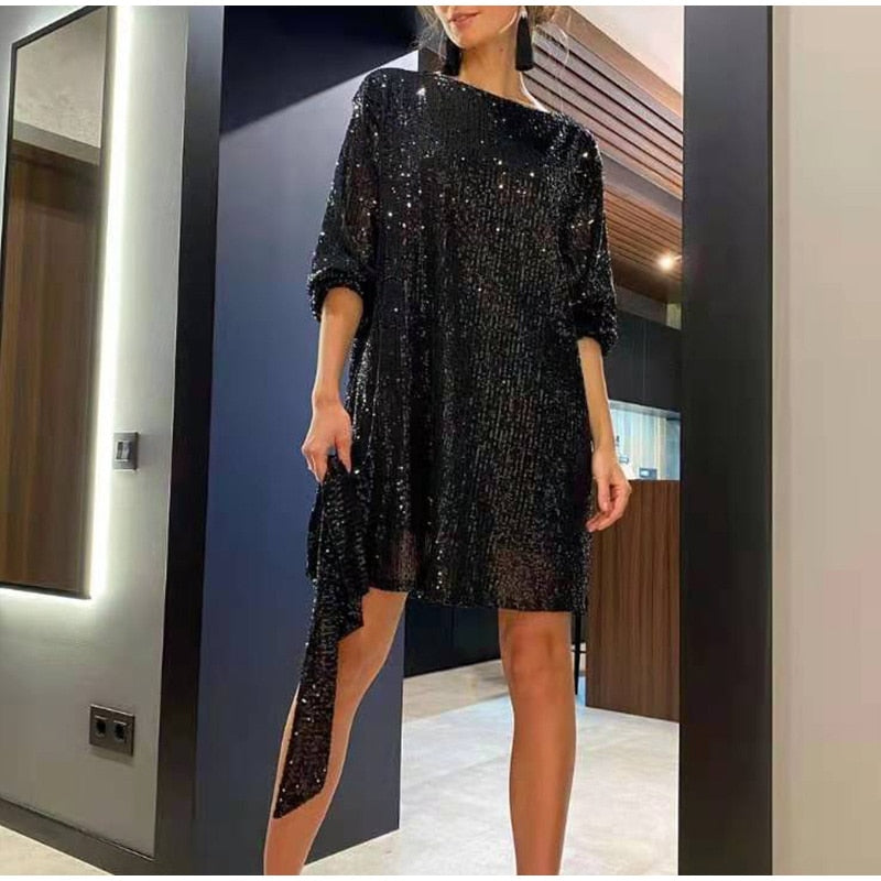 Women's Sequin Mini Dress with Waist Tie – Relaxed Fit Cocktail Dress for Parties 5