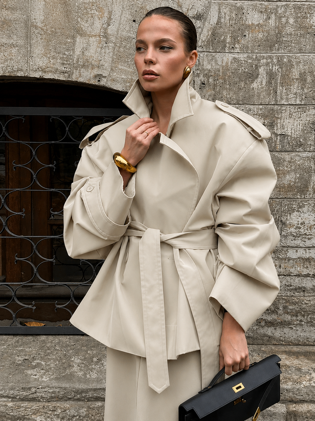 Women's Short Oversized Trench Coat – Self-Tie Belt, Voluminous Sleeves, Epaulettes 0