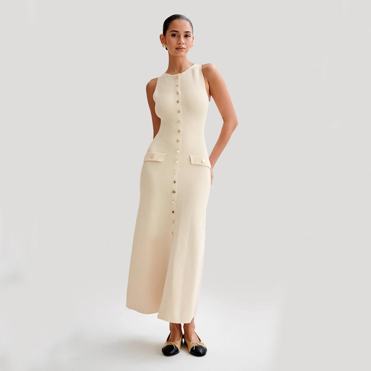Women's Sleeveless Maxi Dress – Ribbed Knit with Button Front and Flap Pockets for Summer 4