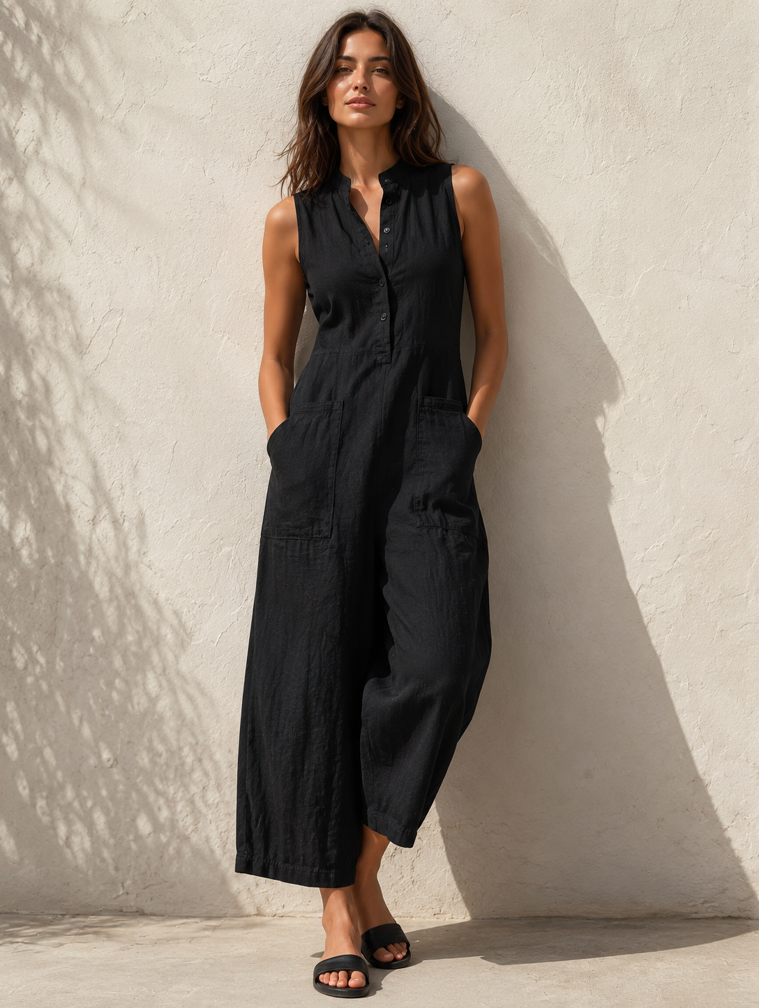 Women's Sleeveless Wide Leg Jumpsuit with Mandarin Collar and Pockets - Summer Casual Outfit 0