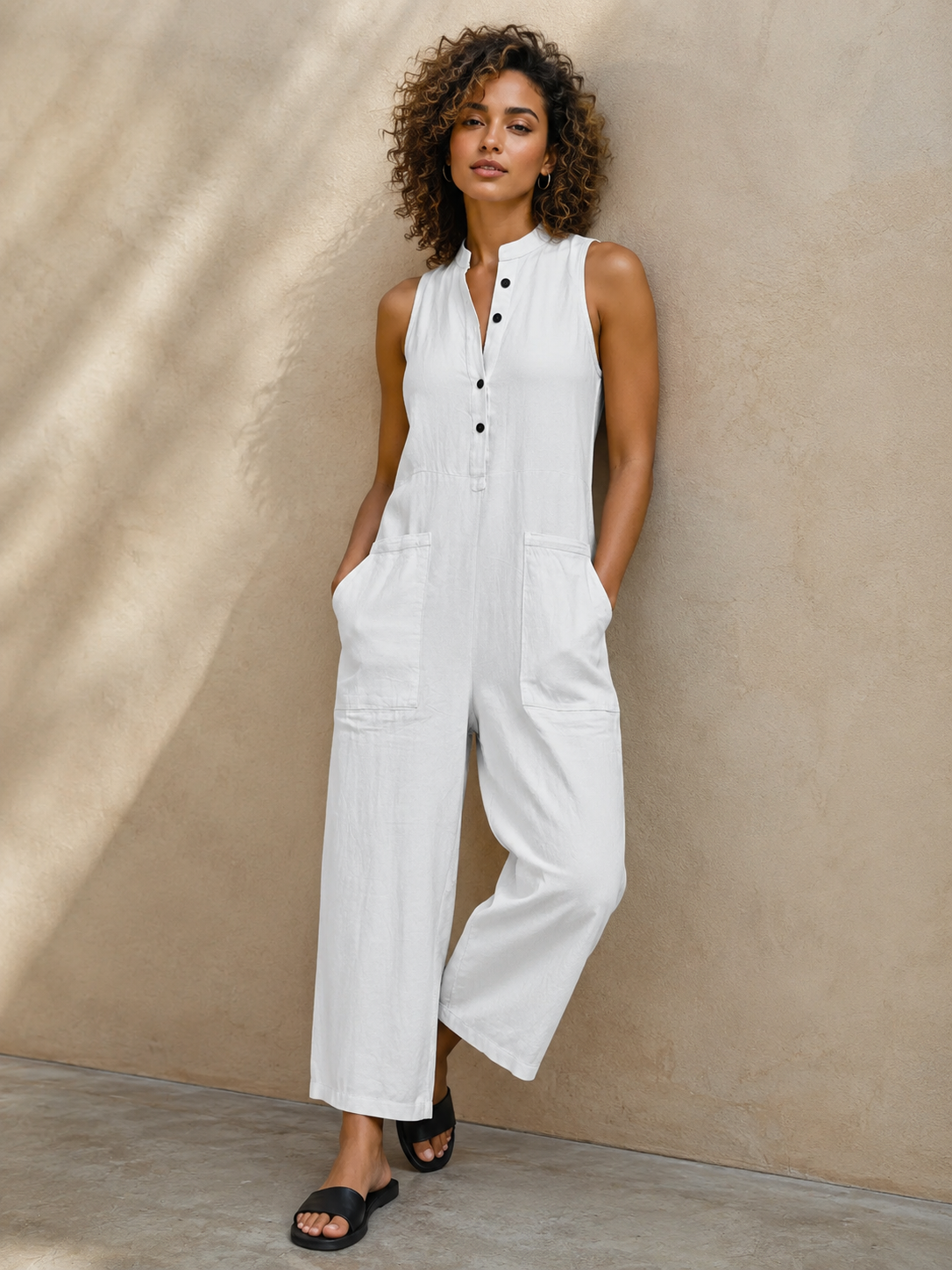 Women's Sleeveless Wide Leg Jumpsuit with Mandarin Collar and Pockets - Summer Casual Outfit 2
