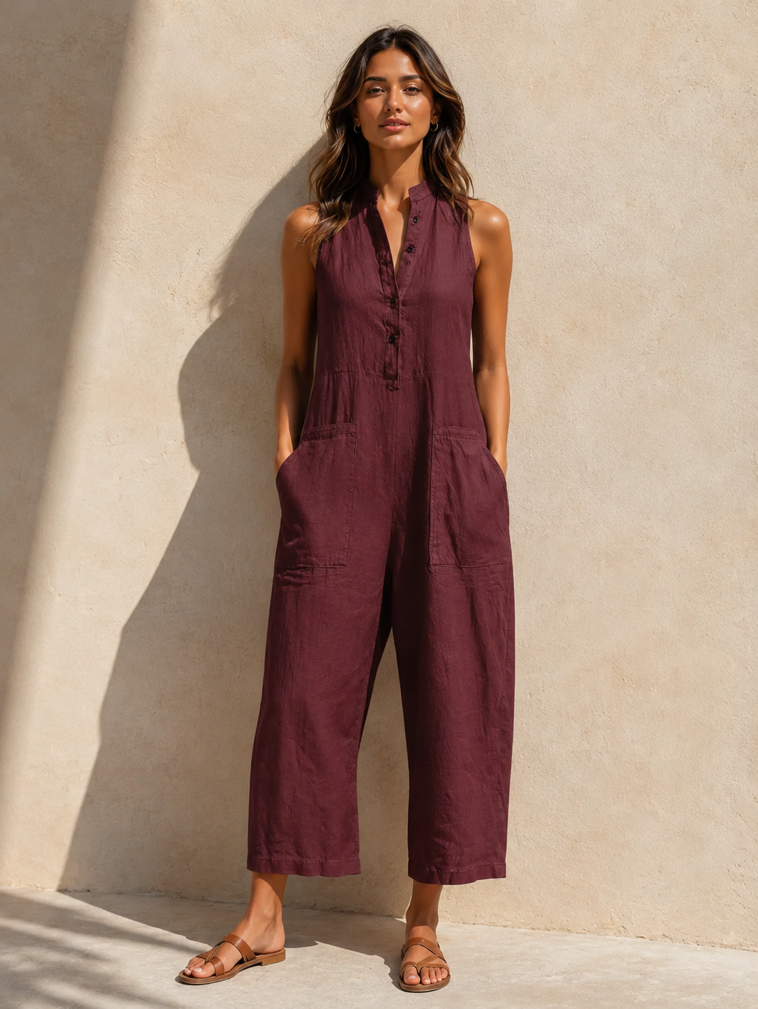 Women's Sleeveless Wide Leg Jumpsuit with Mandarin Collar and Pockets - Summer Casual Outfit 3