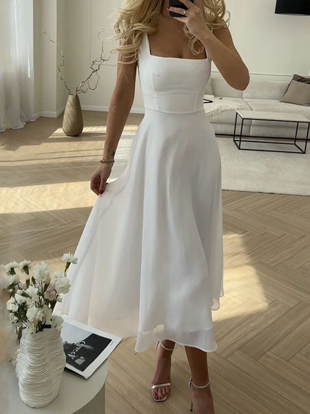 Women's Summer A-Line Midi Dress – Square Neck, Sleeveless, Ideal for Garden Parties 0