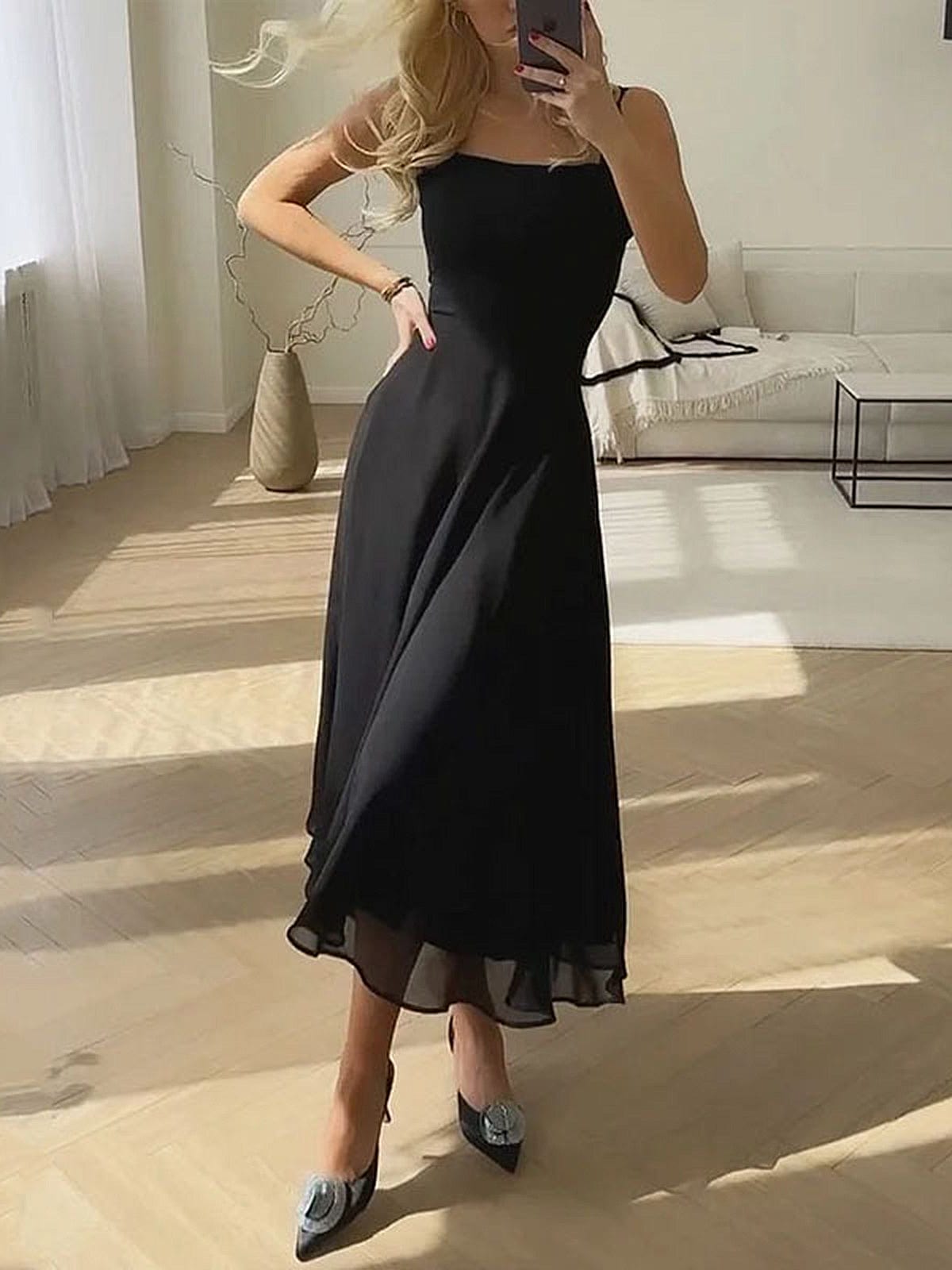 Women's Summer A-Line Midi Dress – Square Neck, Sleeveless, Ideal for Garden Parties 1