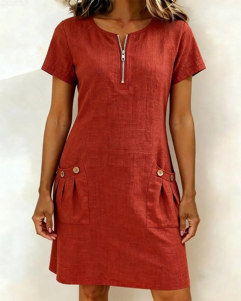 Women's Summer Dress – Linen A-Line Mini with Zip Neck and Short Sleeves for Warm Weather 0