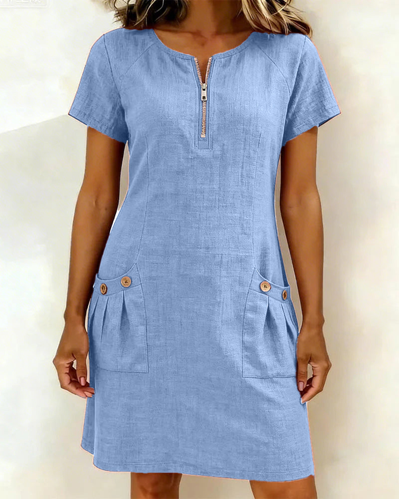 Women's Summer Dress – Linen A-Line Mini with Zip Neck and Short Sleeves for Warm Weather 10