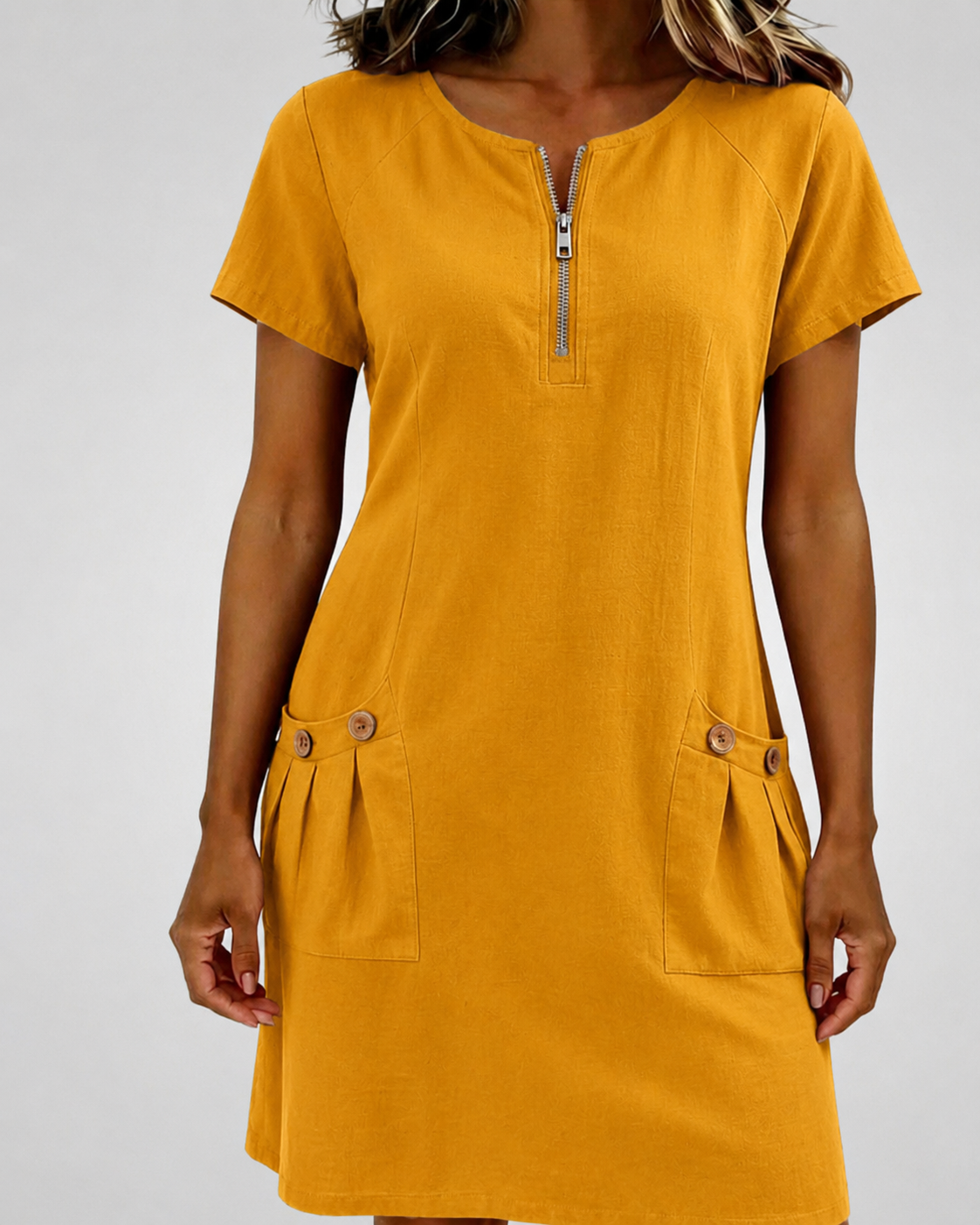 Women's Summer Dress – Linen A-Line Mini with Zip Neck and Short Sleeves for Warm Weather 12