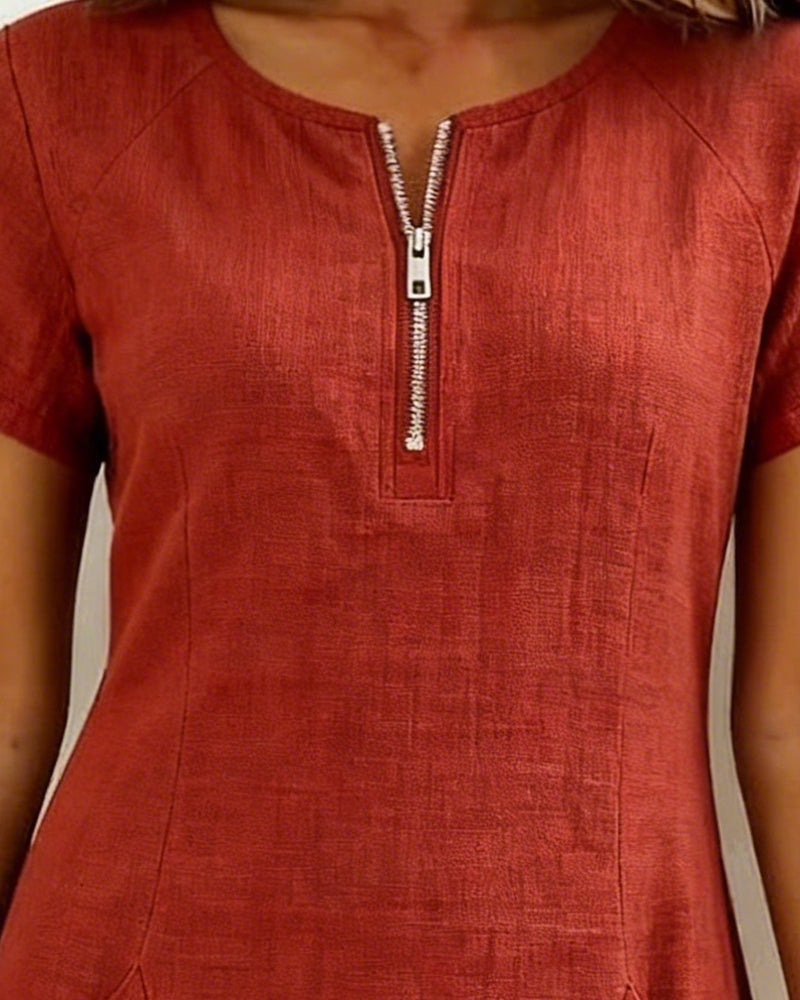 Women's Summer Dress – Linen A-Line Mini with Zip Neck and Short Sleeves for Warm Weather 3