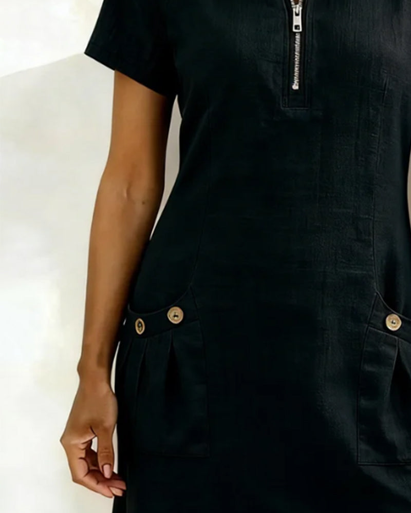 Women's Summer Dress – Linen A-Line Mini with Zip Neck and Short Sleeves for Warm Weather 5