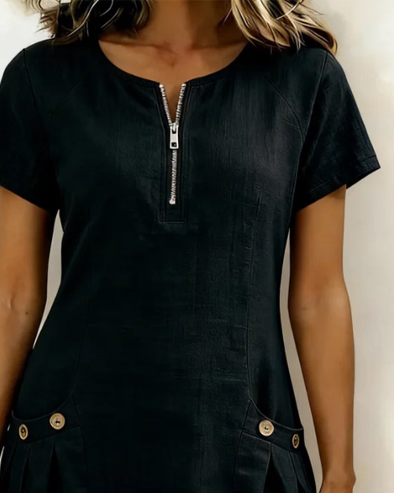 Women's Summer Dress – Linen A-Line Mini with Zip Neck and Short Sleeves for Warm Weather 6