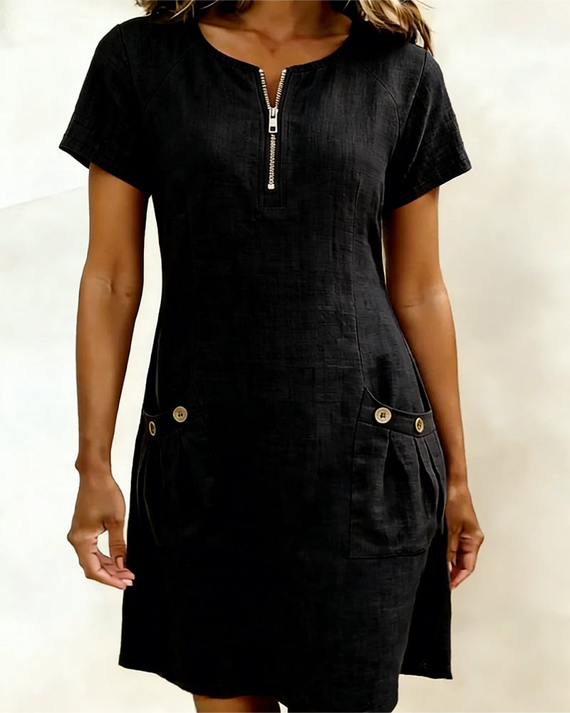 Women's Summer Dress – Linen A-Line Mini with Zip Neck and Short Sleeves for Warm Weather 7