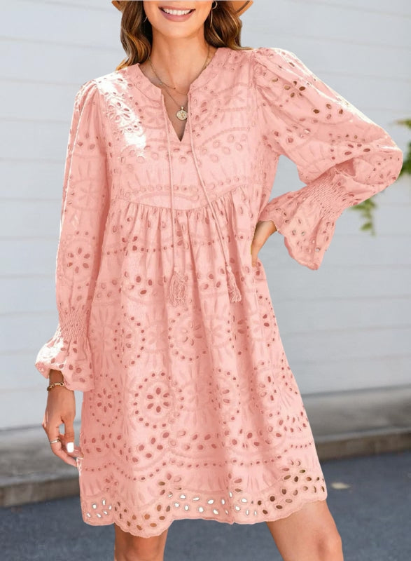 Women's Summer Lace Mini Dress – Long Balloon Sleeves with Tassel Tie Neckline 0