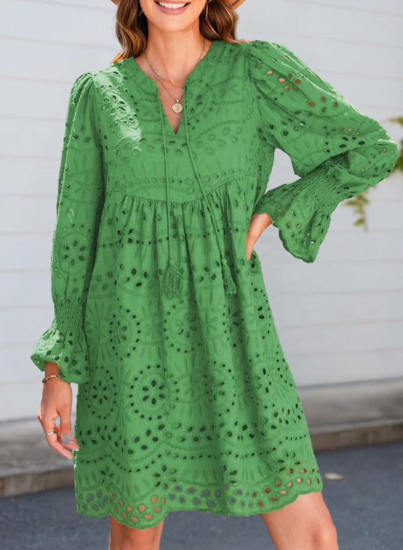 Women's Summer Lace Mini Dress – Long Balloon Sleeves with Tassel Tie Neckline 1