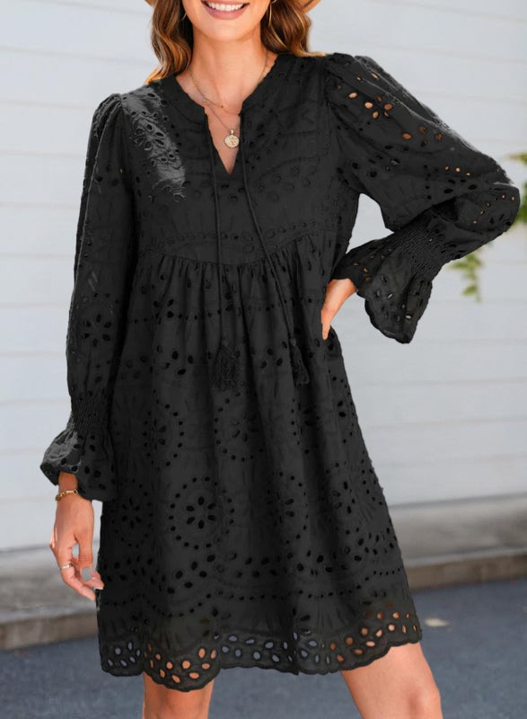 Women's Summer Lace Mini Dress – Long Balloon Sleeves with Tassel Tie Neckline 2