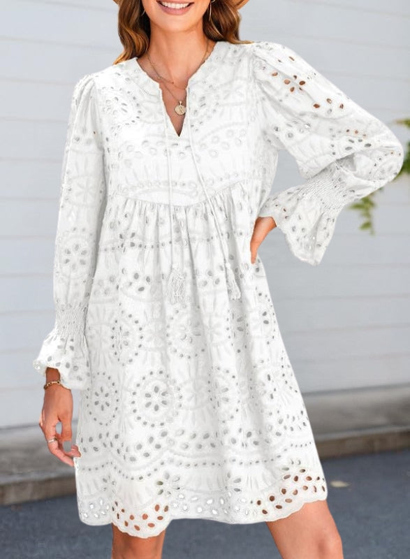 Women's Summer Lace Mini Dress – Long Balloon Sleeves with Tassel Tie Neckline 3