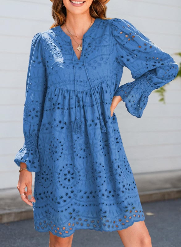 Women's Summer Lace Mini Dress – Long Balloon Sleeves with Tassel Tie Neckline 4