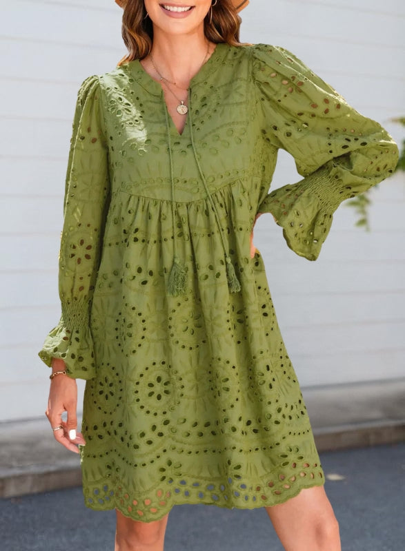 Women's Summer Lace Mini Dress – Long Balloon Sleeves with Tassel Tie Neckline 5