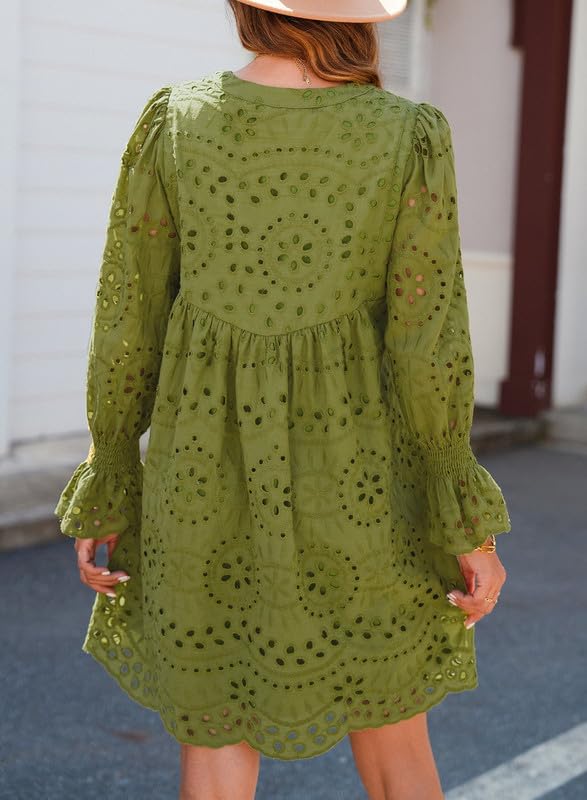 Women's Summer Lace Mini Dress – Long Balloon Sleeves with Tassel Tie Neckline 7
