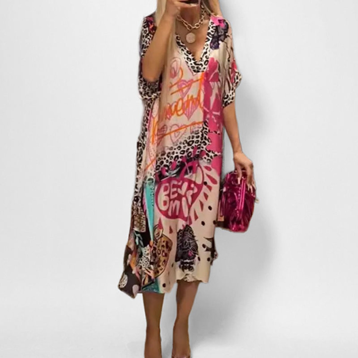 Women's Summer Midi Dress – V-Neck Graphic Print with Relaxed Fit for Casual Wear 1