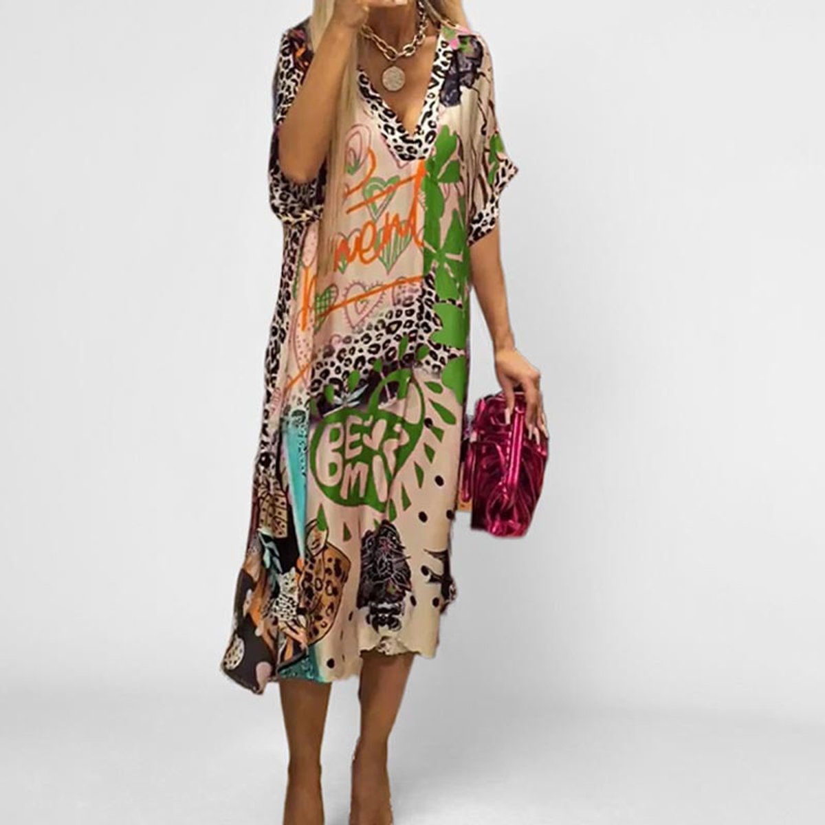 Women's Summer Midi Dress – V-Neck Graphic Print with Relaxed Fit for Casual Wear 4