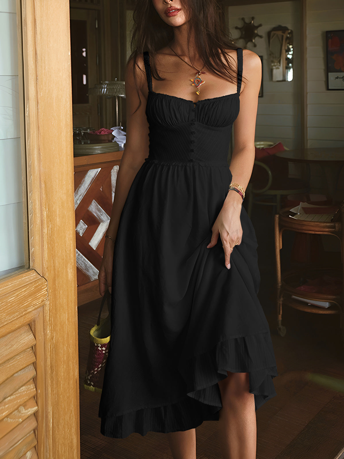 Women's Summer Midi Dress with Ruffle Hem – Adjustable Straps for Casual or Cocktail Occasions 8