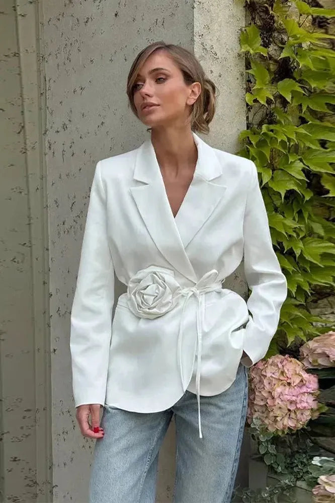 Women's Tailored Wrap Blazer – Rosette Appliqué with Self-Tie Belt for Versatile Styling 0