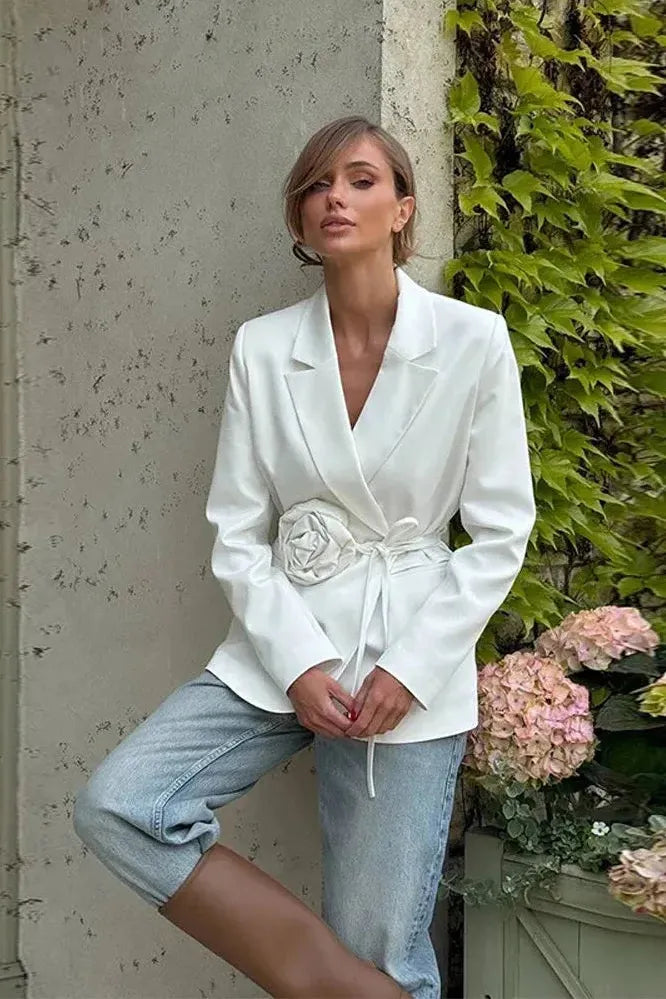 Women's Tailored Wrap Blazer – Rosette Appliqué with Self-Tie Belt for Versatile Styling 1