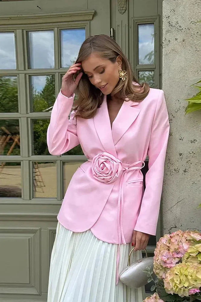 Women's Tailored Wrap Blazer – Rosette Appliqué with Self-Tie Belt for Versatile Styling 2