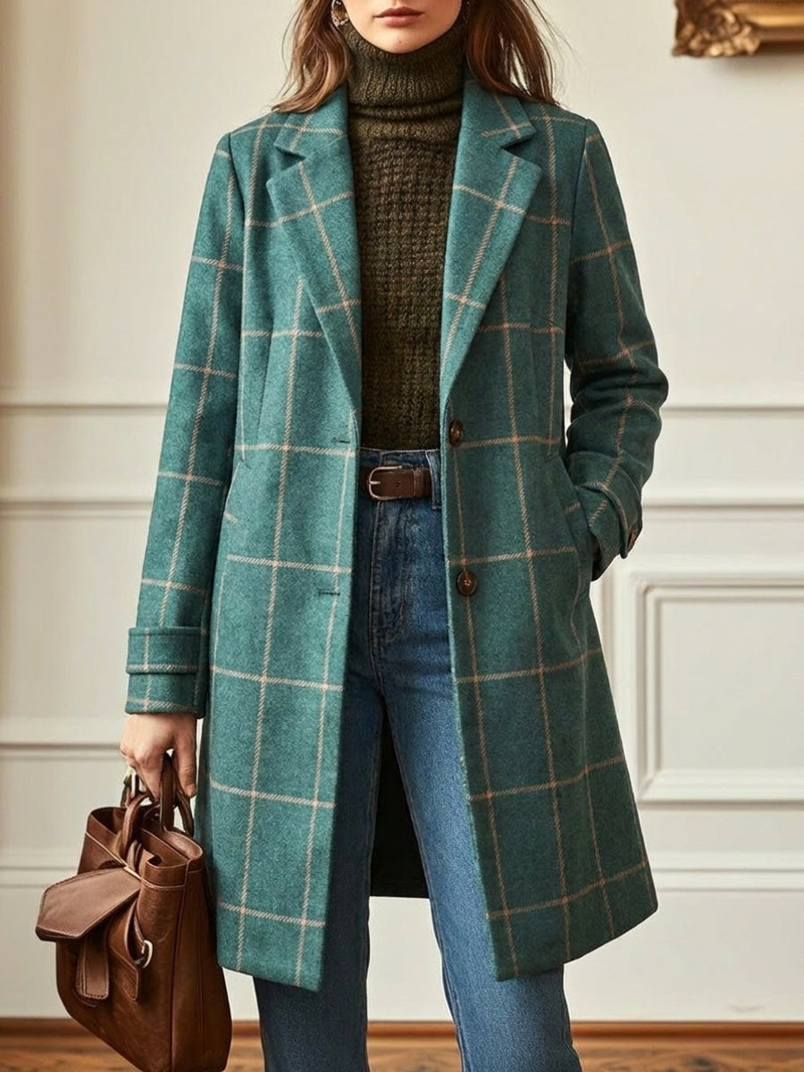 Women's Trench Coat – Long Checkered Design with Notched Lapel for Winter Style 0