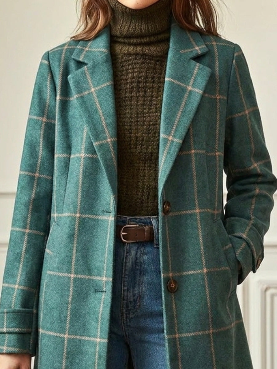 Women's Trench Coat – Long Checkered Design with Notched Lapel for Winter Style 1