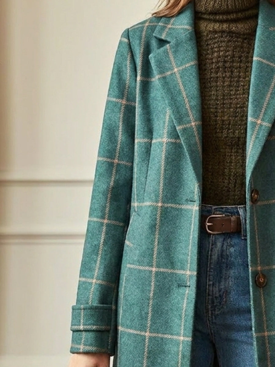Women's Trench Coat – Long Checkered Design with Notched Lapel for Winter Style 2