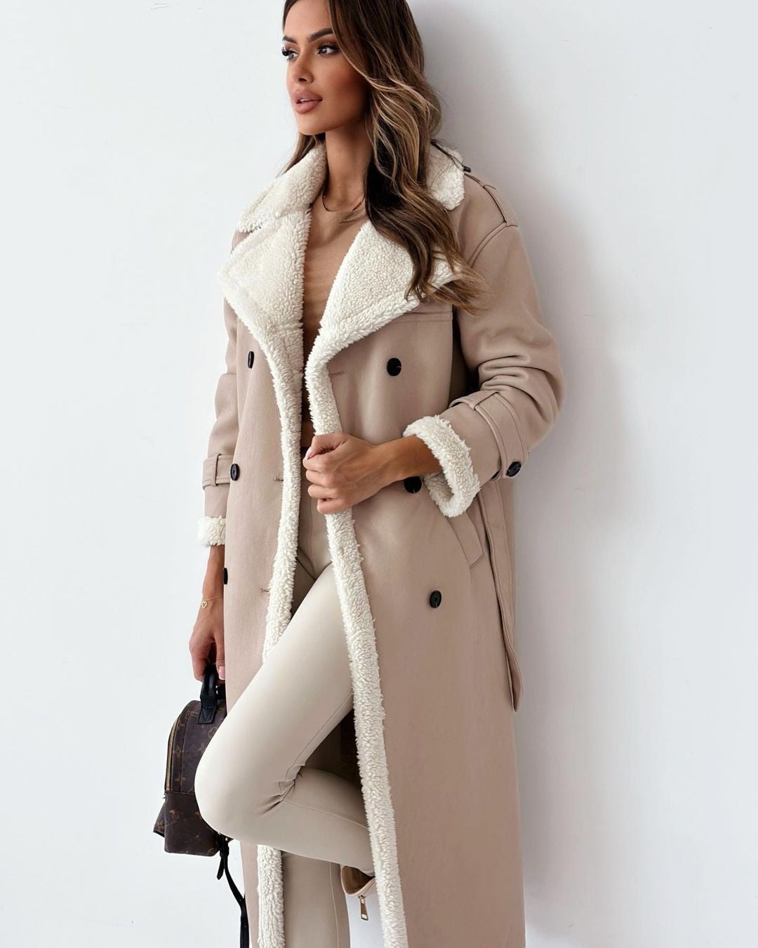 Women's Trench Coat for Winter – Oversized with Self-Tie Belt and Contrast Trim 7