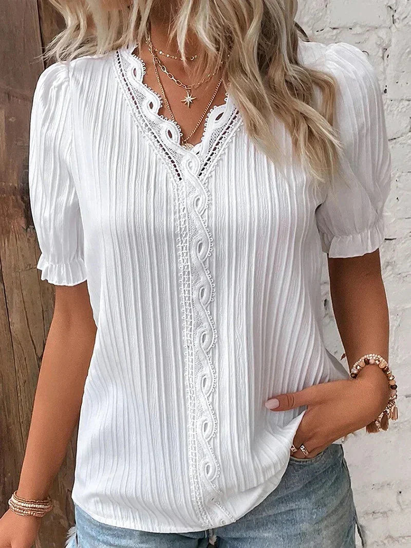 Women's White Blouse with Delicate Neckline – Lightweight Summer Top for Versatile Wear 0