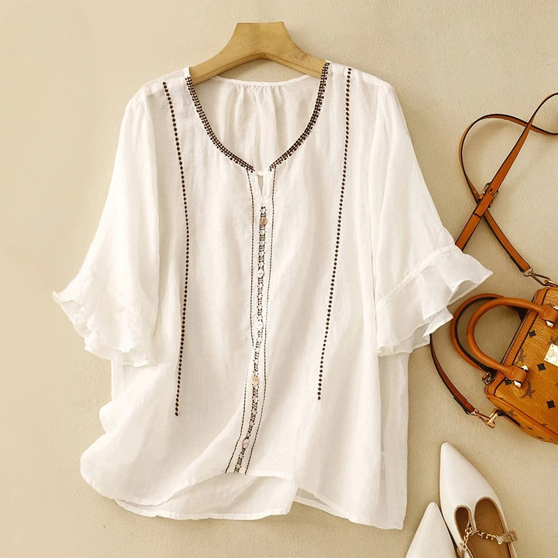 Women's White Blouse with Ruffle Sleeves – Embroidered Summer Top for Everyday Elegance 0