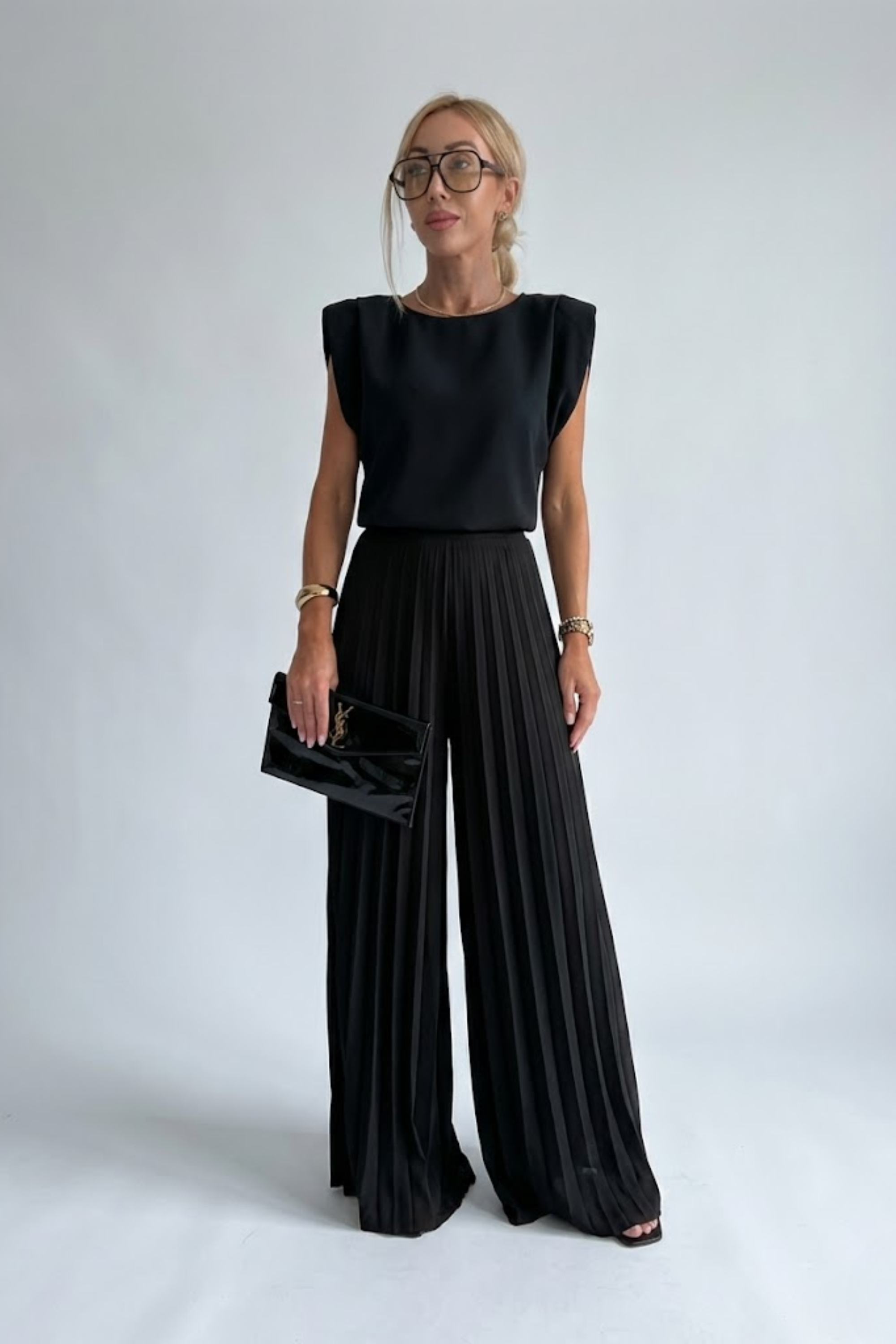 Women's Wide-Leg Jumpsuit with Pleats – Structured Shoulders for Evening Events 0