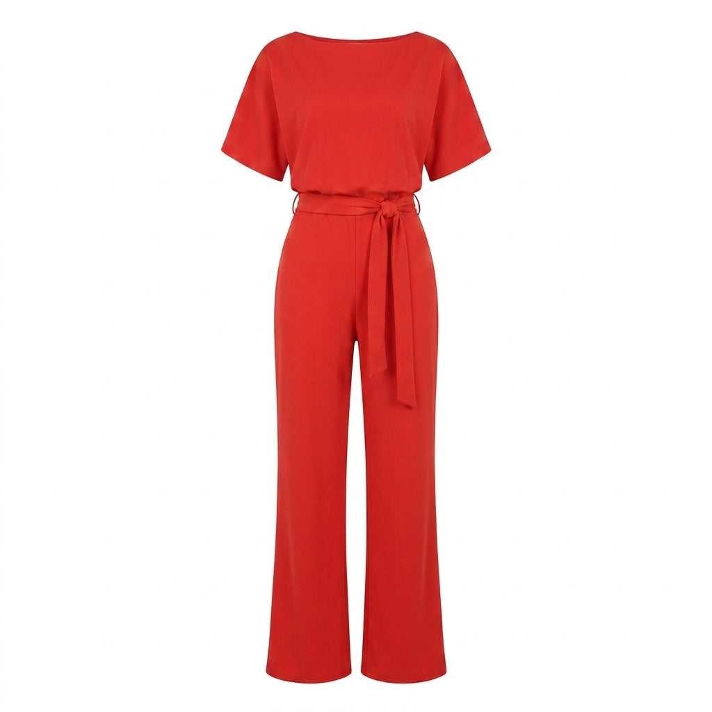 Wide Leg Jumpsuit with Draped Neckline and Waist Tie – Relaxed Fit for Events 12