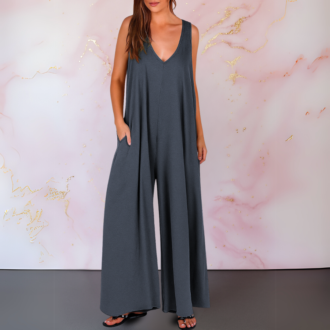 Women's Wide Leg Sleeveless Jumpsuit with V-Neck and Pockets for Summer Casual Wear 4