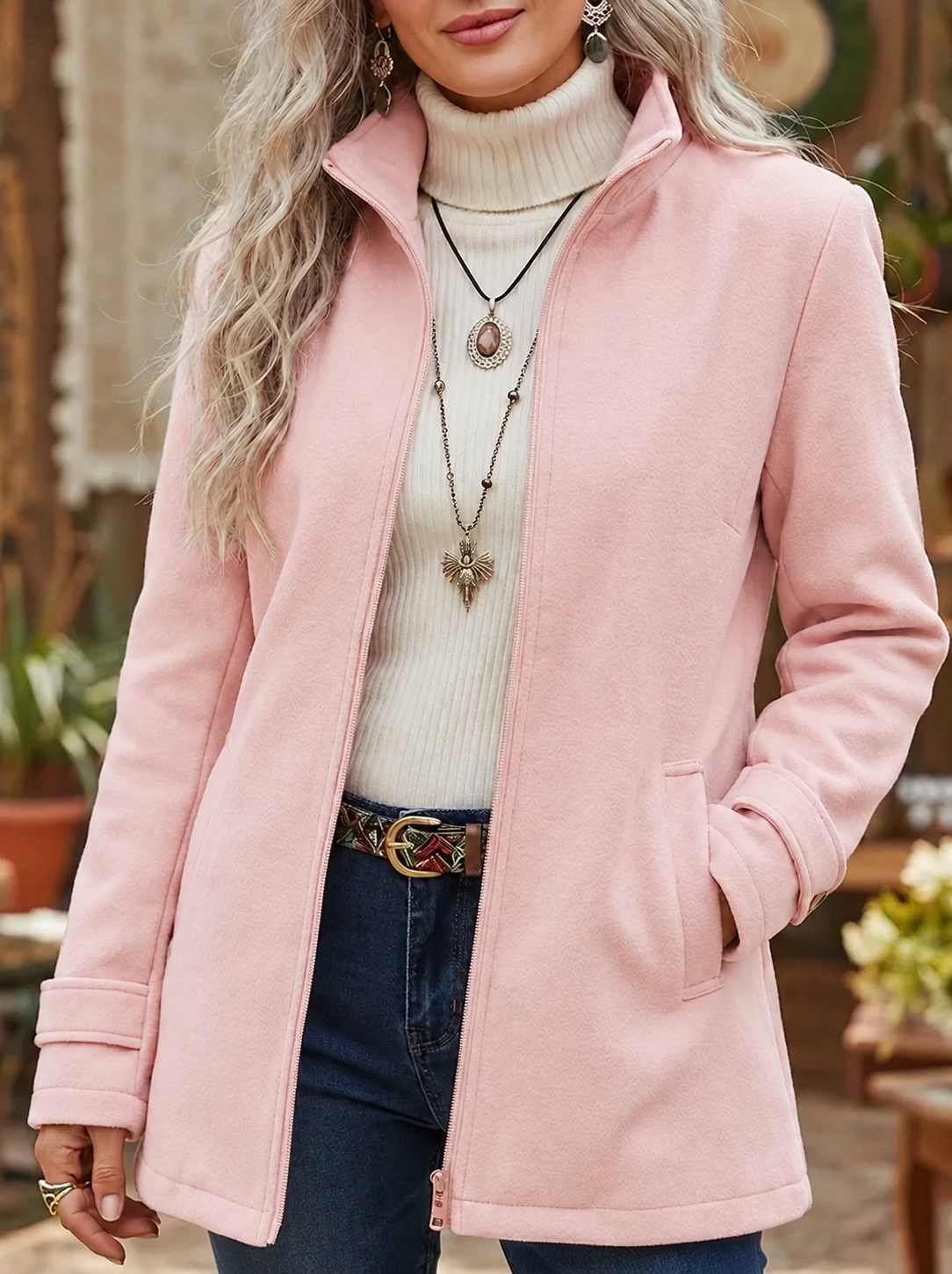 Women's Winter Jacket with Stand Collar – Fluffy Zip Up for Casual Outings 0