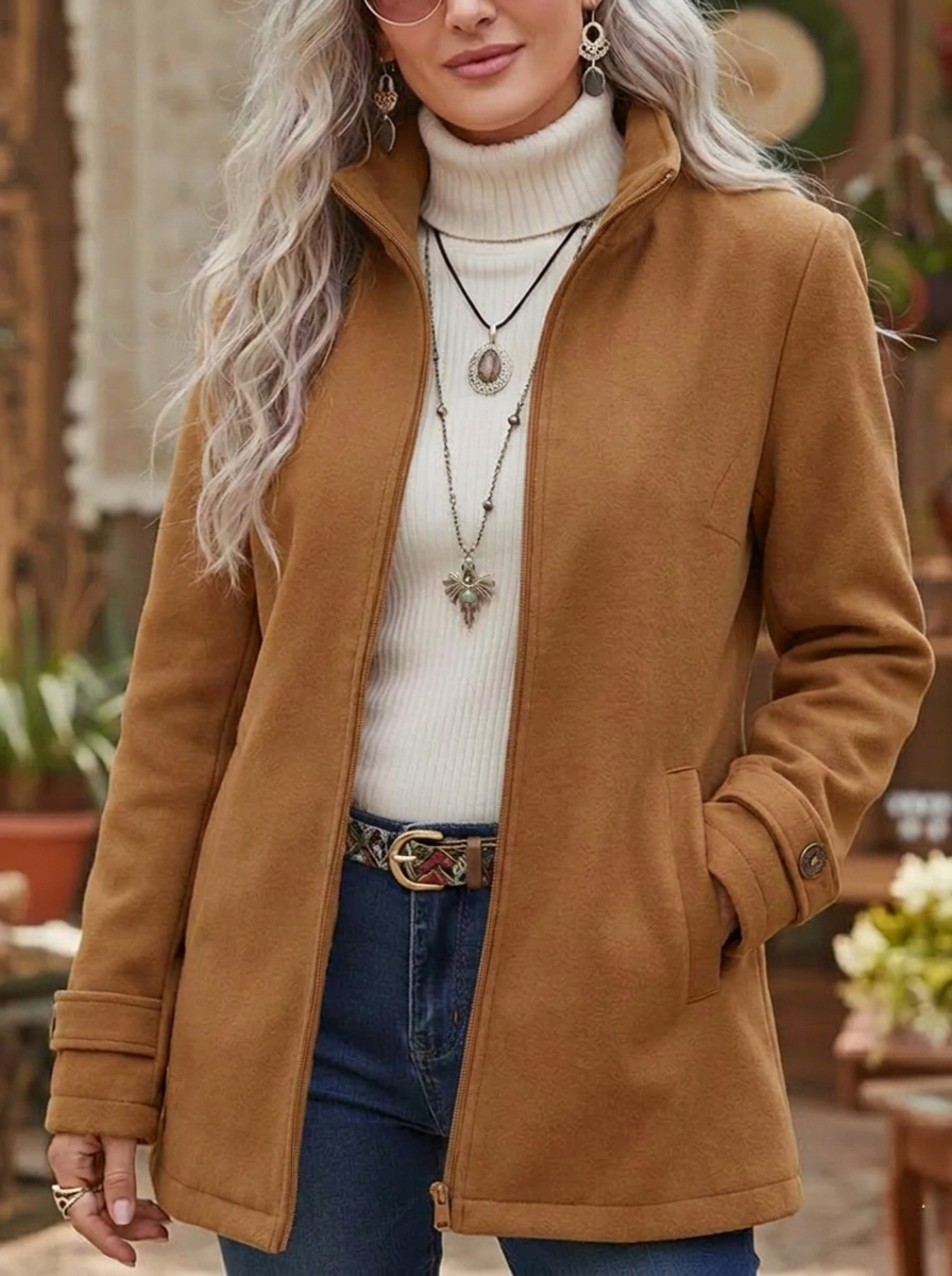 Women's Winter Jacket with Stand Collar – Fluffy Zip Up for Casual Outings 2
