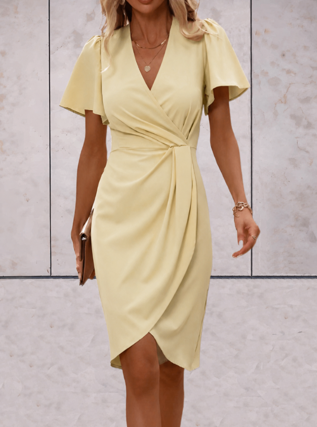 Women's Wrap Midi Dress for Summer – V-Neck with Flutter Sleeves for Formal Occasions 0