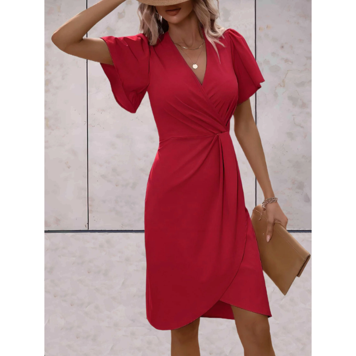 Women's Wrap Midi Dress for Summer – V-Neck with Flutter Sleeves for Formal Occasions 1