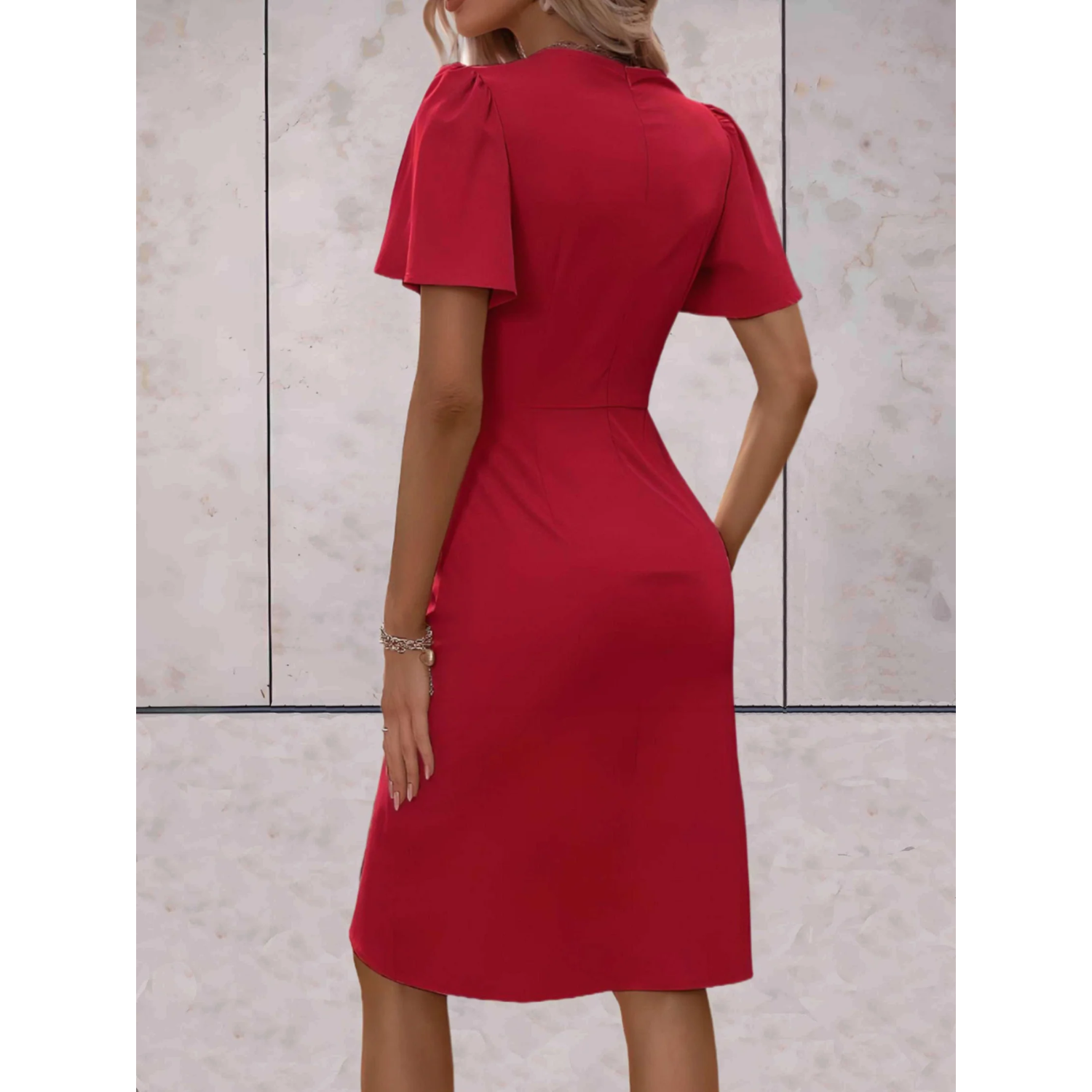 Women's Wrap Midi Dress for Summer – V-Neck with Flutter Sleeves for Formal Occasions 2